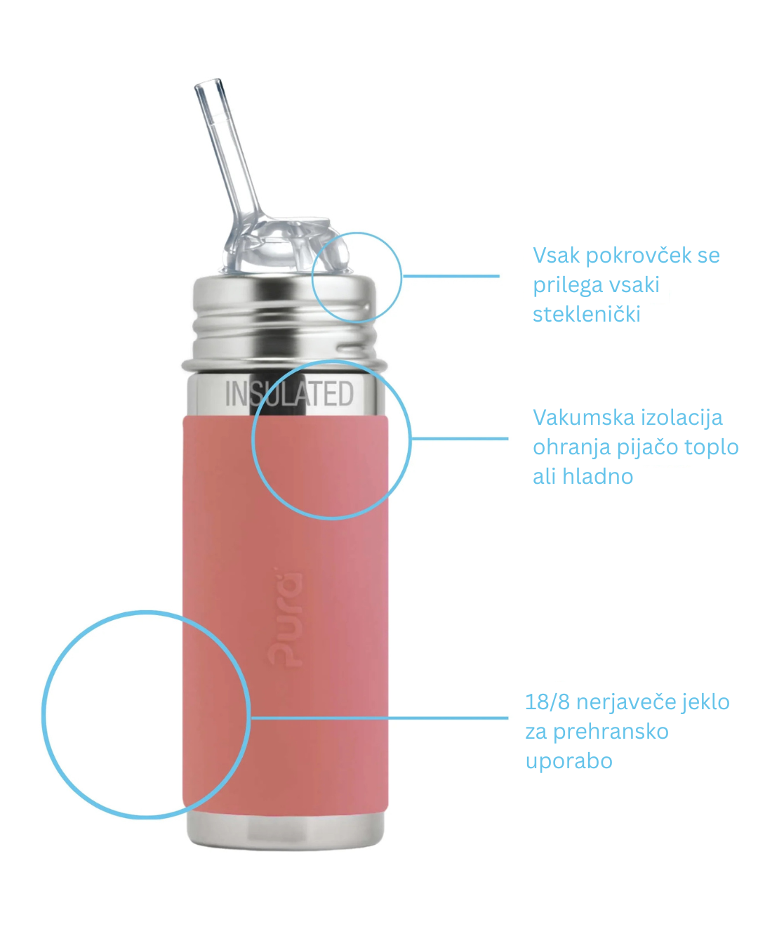 Termo steklenička s slamico Kiki (Straw) 260 ml – Rose | Pura Stainless