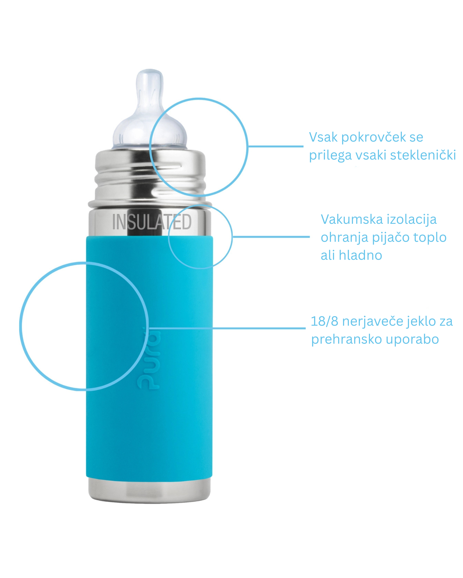 Termo otroška steklenička Kiki 260 ml – Aqua | Pura Stainless