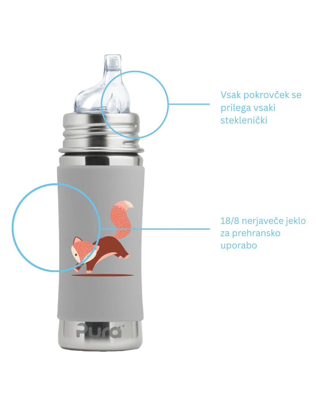 Steklenička z ustnikom Kiki (Sippy) 325 ml – Fox | Pura Stainless